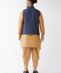 VASTRAMAY Men's Blue Banarasi Jacket With Rose Gold Silk Kurta Dhoti Set