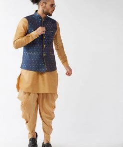 VASTRAMAY Men's Blue Banarasi Jacket With Rose Gold Silk Kurta Dhoti Set