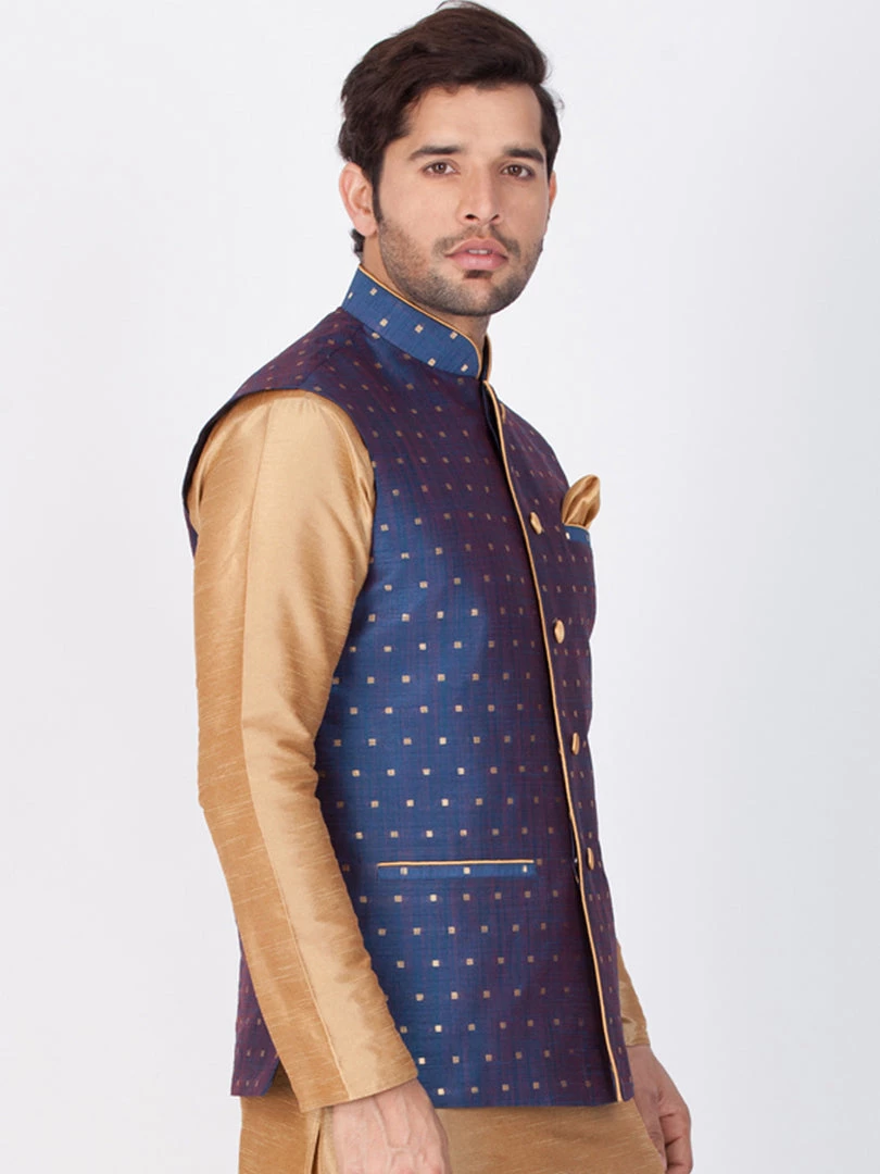 Vastramay Men's Blue Cotton Blend Nehru Jacket 4 Vastramay Men's Blue Cotton Blend Nehru Jacket