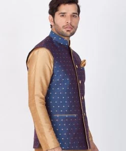 Vastramay Silk Blend Blue And Rose Gold Baap Beta Ethnic Jacket