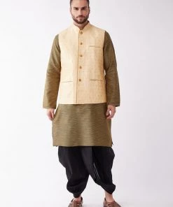 VASTRAMAY Men's Gold Silk Blend Ethnic Jacket, Black Kurta And Dhoti Set