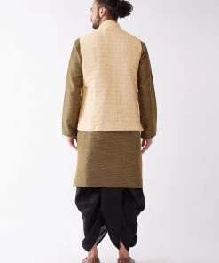 VASTRAMAY Men's Gold Silk Blend Ethnic Jacket, Black Kurta And Dhoti Set