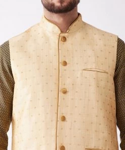 VASTRAMAY Men's Gold Silk Blend Ethnic Jacket, Black Kurta And Dhoti Set