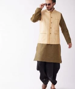 VASTRAMAY Men's Gold Silk Blend Ethnic Jacket, Black Kurta And Dhoti Set