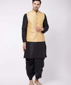 VASTRAMAY Men's Black Solid Silk Blend Kurta And Dhoti With Gold Nehru Jacket
