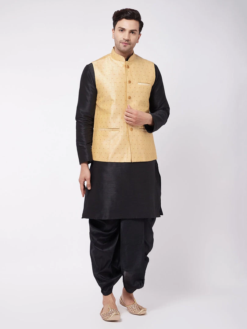 VASTRAMAY Men's Black Solid Silk Blend Kurta And Dhoti With Gold Nehru Jacket 4 VASTRAMAY Men's Black Solid Silk Blend Kurta And Dhoti With Gold Nehru Jacket