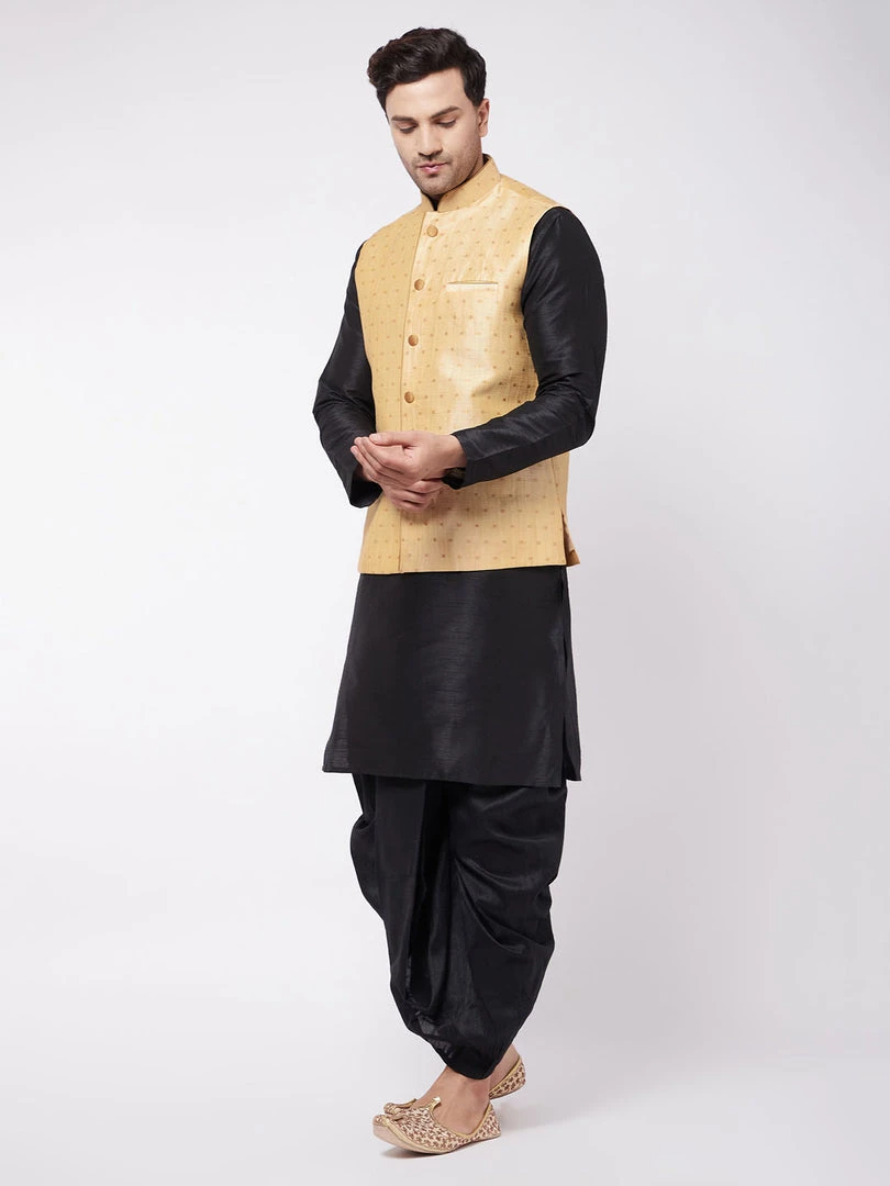 VASTRAMAY Men's Black Solid Silk Blend Kurta And Dhoti With Gold Nehru Jacket 5 VASTRAMAY Men's Black Solid Silk Blend Kurta And Dhoti With Gold Nehru Jacket