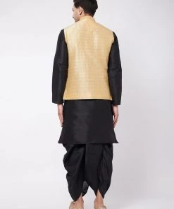 VASTRAMAY Men's Black Solid Silk Blend Kurta And Dhoti With Gold Nehru Jacket 12 VASTRAMAY Men's Black Solid Silk Blend Kurta And Dhoti With Gold Nehru Jacket