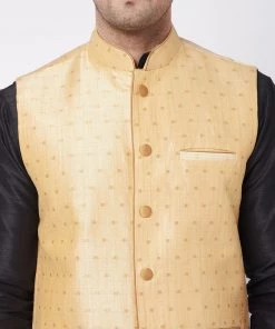 VASTRAMAY Men's Black Solid Silk Blend Kurta And Dhoti With Gold Nehru Jacket 13 VASTRAMAY Men's Black Solid Silk Blend Kurta And Dhoti With Gold Nehru Jacket