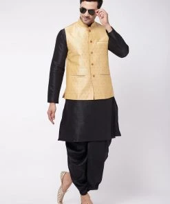 VASTRAMAY Men's Black Solid Silk Blend Kurta And Dhoti With Gold Nehru Jacket