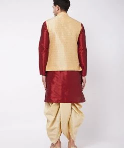 VASTRAMAY Men's Maroon Silk Blend Kurta And Dhoti With Gold Woven Nehru Jacket