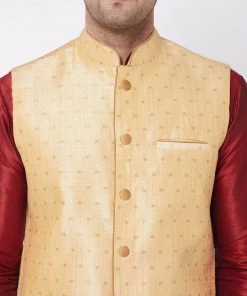 VASTRAMAY Men's Maroon Silk Blend Kurta And Dhoti With Gold Woven Nehru Jacket