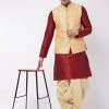 VASTRAMAY Men's Maroon Silk Blend Kurta And Dhoti With Gold Woven Nehru Jacket 2 VASTRAMAY Men's Maroon Silk Blend Kurta And Dhoti With Gold Woven Nehru Jacket