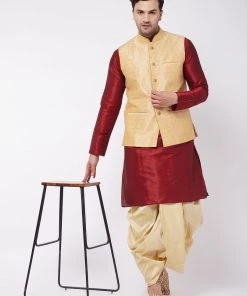 VASTRAMAY Men's Maroon Silk Blend Kurta And Dhoti With Gold Woven Nehru Jacket