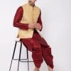 Vastramay Men's Maroon Silk Blend Kurta And Dhoti With Gold Woven Nehru Jacket