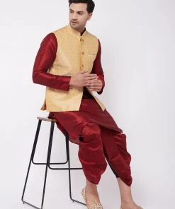Vastramay Men's Maroon Silk Blend Kurta And Dhoti With Gold Woven Nehru Jacket