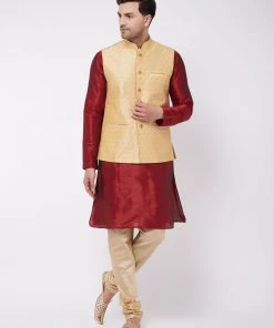 VASTRAMAY Men's Silk Blend Kurta And Pyjama With Gold Woven Nehru Jacket