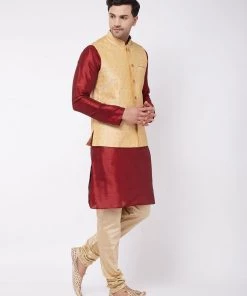 VASTRAMAY Men's Silk Blend Kurta And Pyjama With Gold Woven Nehru Jacket