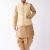 VASTRAMAY Men's Rose Gold Solid Silk Blend Kurta And Dhoti With Gold Nehru Jacket Kurta Sets