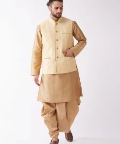 VASTRAMAY Men's Rose Gold Solid Silk Blend Kurta And Dhoti With Gold Nehru Jacket Kurta Sets