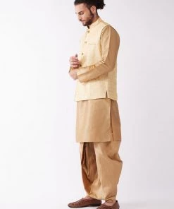 VASTRAMAY Men's Rose Gold Solid Silk Blend Kurta And Dhoti With Gold Nehru Jacket Kurta Sets