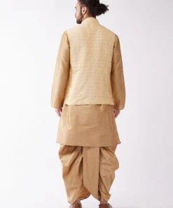 VASTRAMAY Men's Rose Gold Solid Silk Blend Kurta And Dhoti With Gold Nehru Jacket Kurta Sets