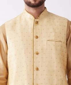 VASTRAMAY Men's Rose Gold Solid Silk Blend Kurta And Dhoti With Gold Nehru Jacket Kurta Sets