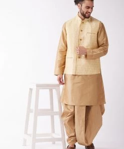 VASTRAMAY Men's Rose Gold Solid Silk Blend Kurta And Dhoti With Gold Nehru Jacket Kurta Sets