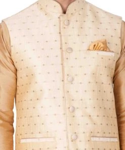 Vastramay Men's Gold Cotton Silk Blend Kurta, Ethnic Jacket And Pyjama Set