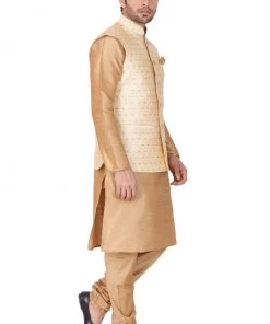 Vastramay Men's Gold Cotton Silk Blend Kurta, Ethnic Jacket And Pyjama Set