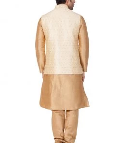 Vastramay Men's Gold Cotton Silk Blend Kurta, Ethnic Jacket And Pyjama Set