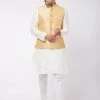 VASTRAMAY Men's Cream Silk Blend Kurta And Pyjama With Gold Woven Nehru Jacket