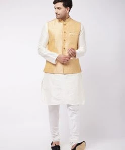 VASTRAMAY Men's Cream Silk Blend Kurta And Pyjama With Gold Woven Nehru Jacket