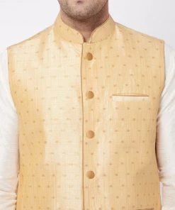 VASTRAMAY Men's Cream Silk Blend Kurta And Pyjama With Gold Woven Nehru Jacket