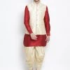 Vastramay Men's Maroon Cotton Silk Blend Ethnic Jacket, Kurta And Dhoti Pant Set