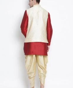 Vastramay Men's Maroon Cotton Silk Blend Ethnic Jacket, Kurta And Dhoti Pant Set
