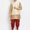 Vastramay Men's Gold Cotton Silk Blend Ethnic Jacket, Kurta And Dhoti Pant Set