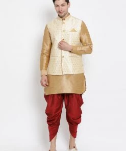 Vastramay Men's Gold Cotton Silk Blend Ethnic Jacket, Kurta And Dhoti Pant Set