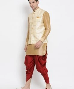 Vastramay Men's Gold Cotton Silk Blend Ethnic Jacket, Kurta And Dhoti Pant Set