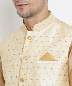 Vastramay Men's Gold Cotton Silk Blend Ethnic Jacket, Kurta And Dhoti Pant Set