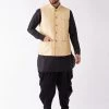 VASTRAMAY Men's Gold Banarasi Jacket With Black Silk Kurta And Dhoti Set