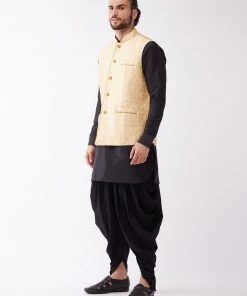 VASTRAMAY Men's Gold Banarasi Jacket With Black Silk Kurta And Dhoti Set