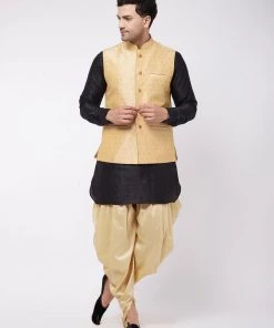 VASTRAMAY Men's Gold Banarasi Jacket With Black And Gold Silk Kurta And Dhoti Set
