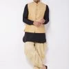 VASTRAMAY Men's Gold Banarasi Jacket With Black And Gold Silk Kurta And Dhoti Set