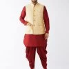 VASTRAMAY Men's Gold Banarasi Jacket With Maroon Silk Kurta And Dhoti Set