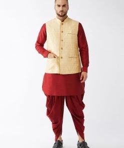 VASTRAMAY Men's Gold Banarasi Jacket With Maroon Silk Kurta And Dhoti Set