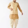VASTRAMAY Men's Gold Banarasi Jacket With Rose Gold Silk Kurta And Gold Dhoti Set