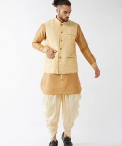 VASTRAMAY Men's Gold Banarasi Jacket With Rose Gold Silk Kurta And Gold Dhoti Set