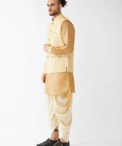 VASTRAMAY Men's Gold Banarasi Jacket With Rose Gold Silk Kurta And Gold Dhoti Set