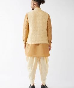 VASTRAMAY Men's Gold Banarasi Jacket With Rose Gold Silk Kurta And Gold Dhoti Set